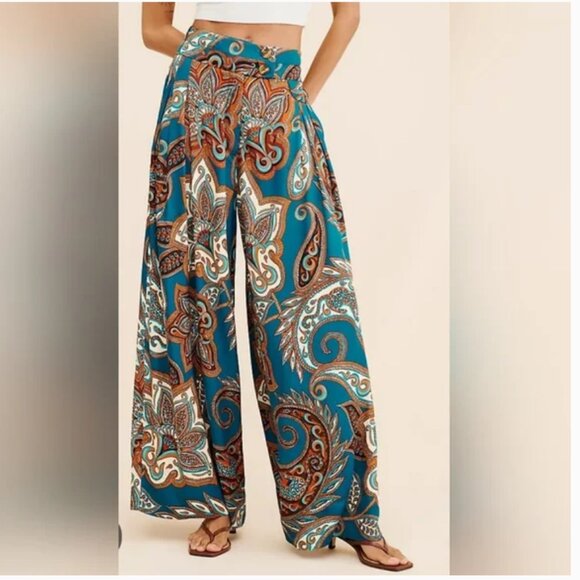 Farm Rio Anthropologie Wide Leg Leopard Paisley Pants size L - Picture 1 of 6